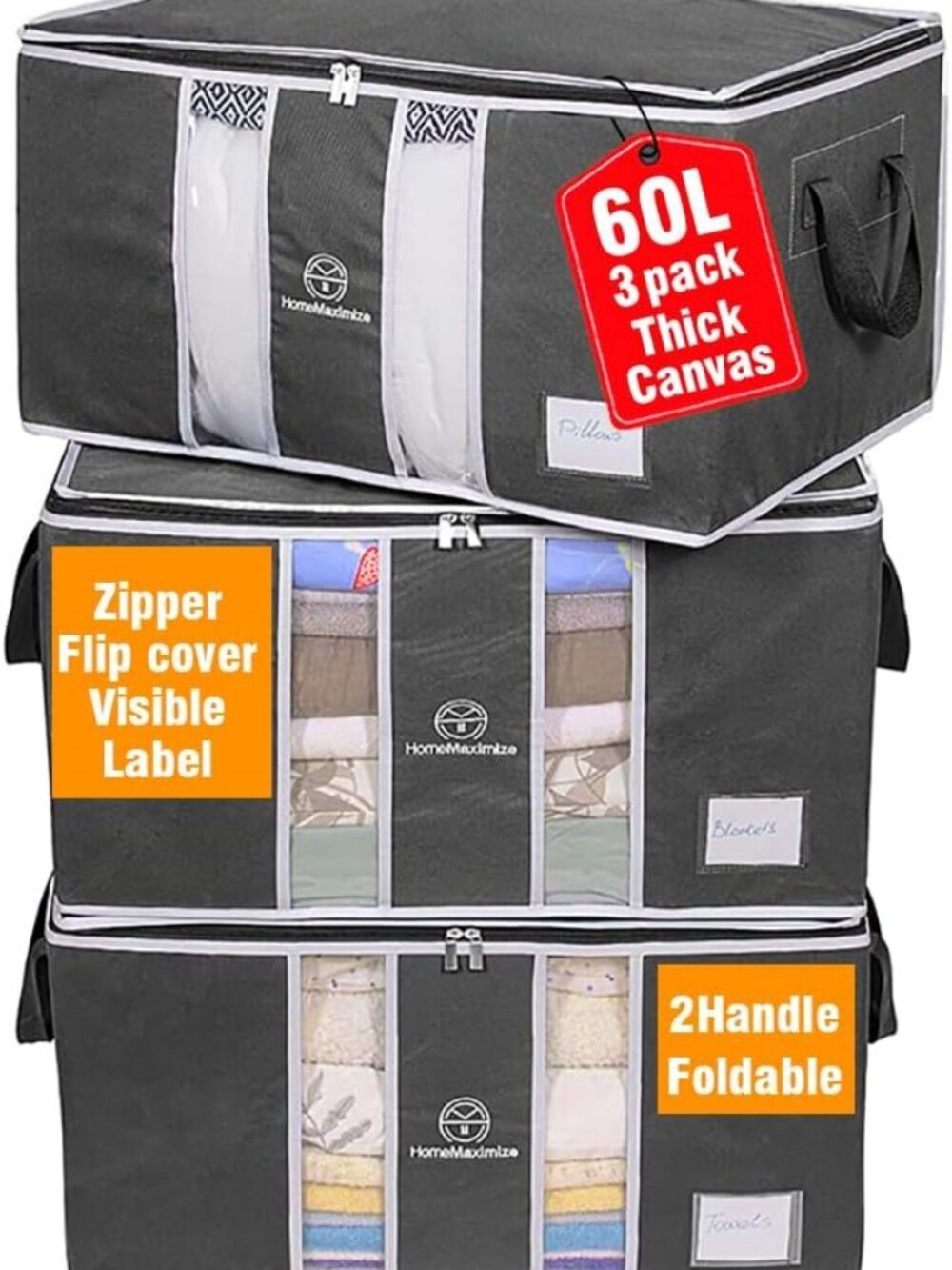 Clothes Storage Bag Organizer Stackable with Zippers - Clear Window - 3 Pack